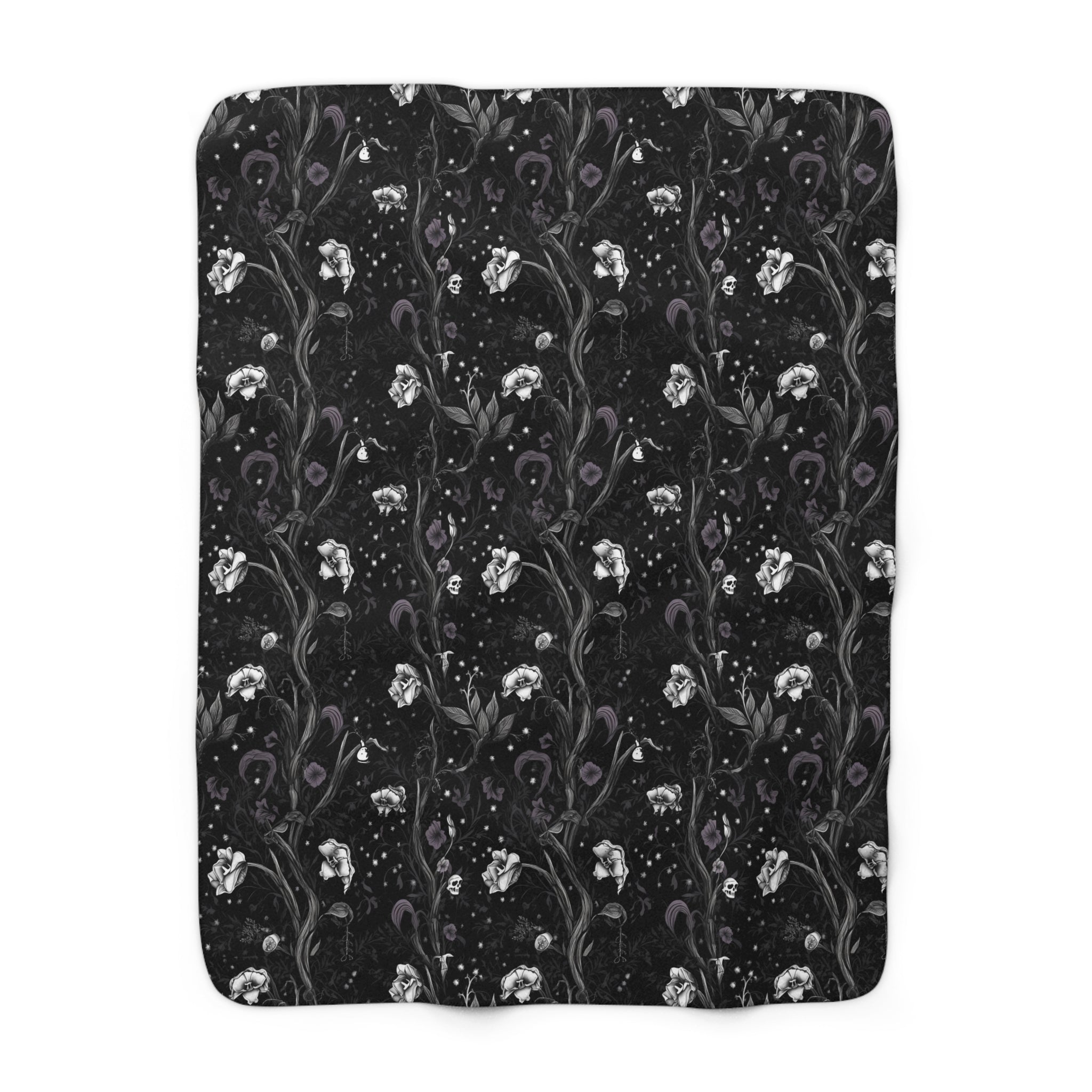 Black Celestial Gothic Rose Sherpa Fleece Blanket – Dark Romantic Witchy Throw | Cozy Alternative Gothic Home Decor
