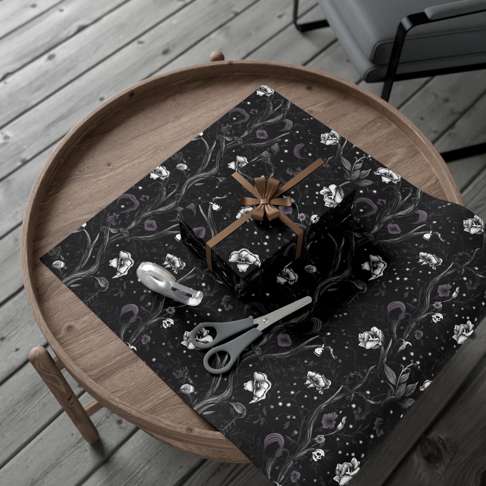 Dark Floral Pattern Gift Wrap Paper | Black Botanical Wrapping Paper