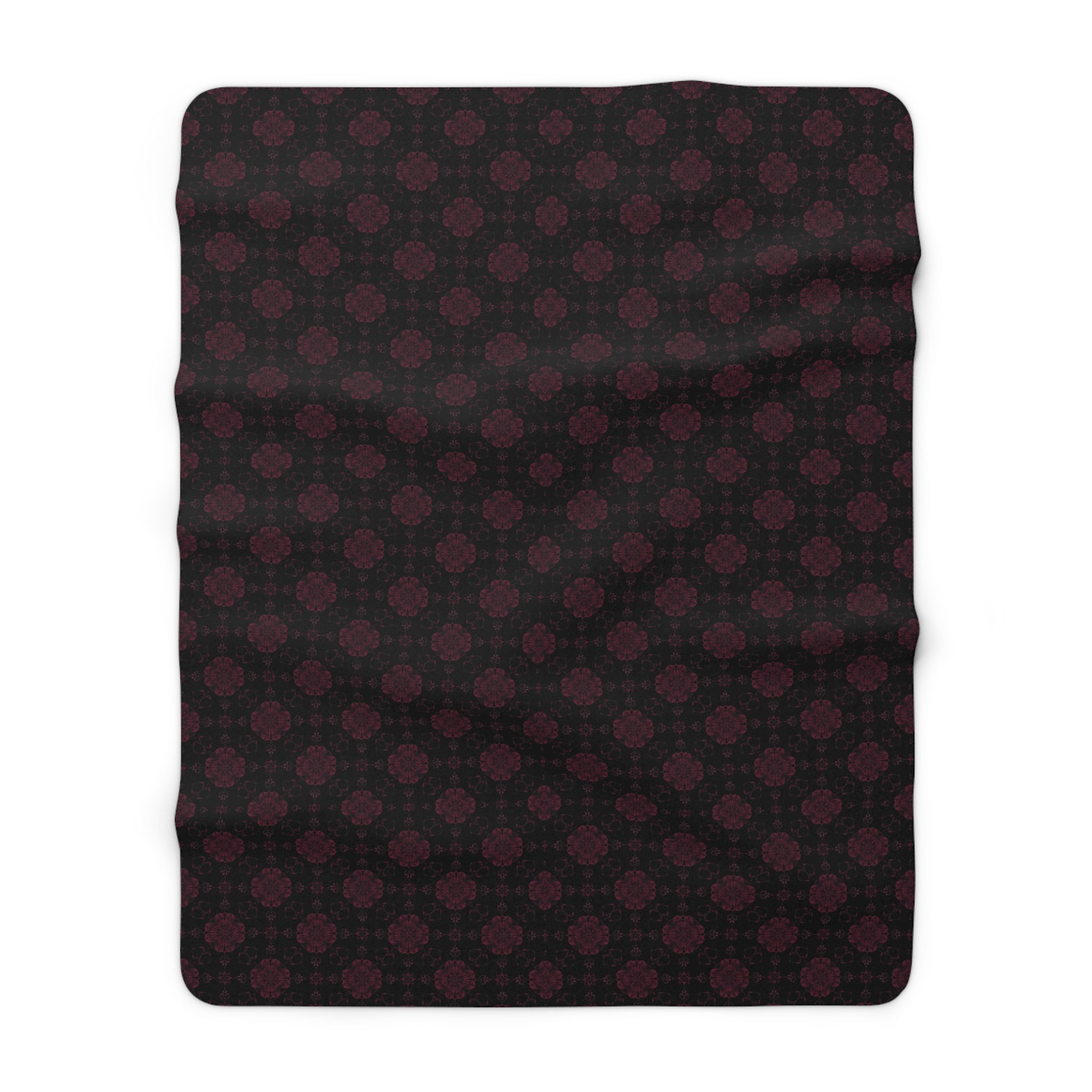 Gothic Dark Floral Sherpa Fleece Blanket – Black & Burgundy Damask Throw | Dark Romantic Alternative Home Decor