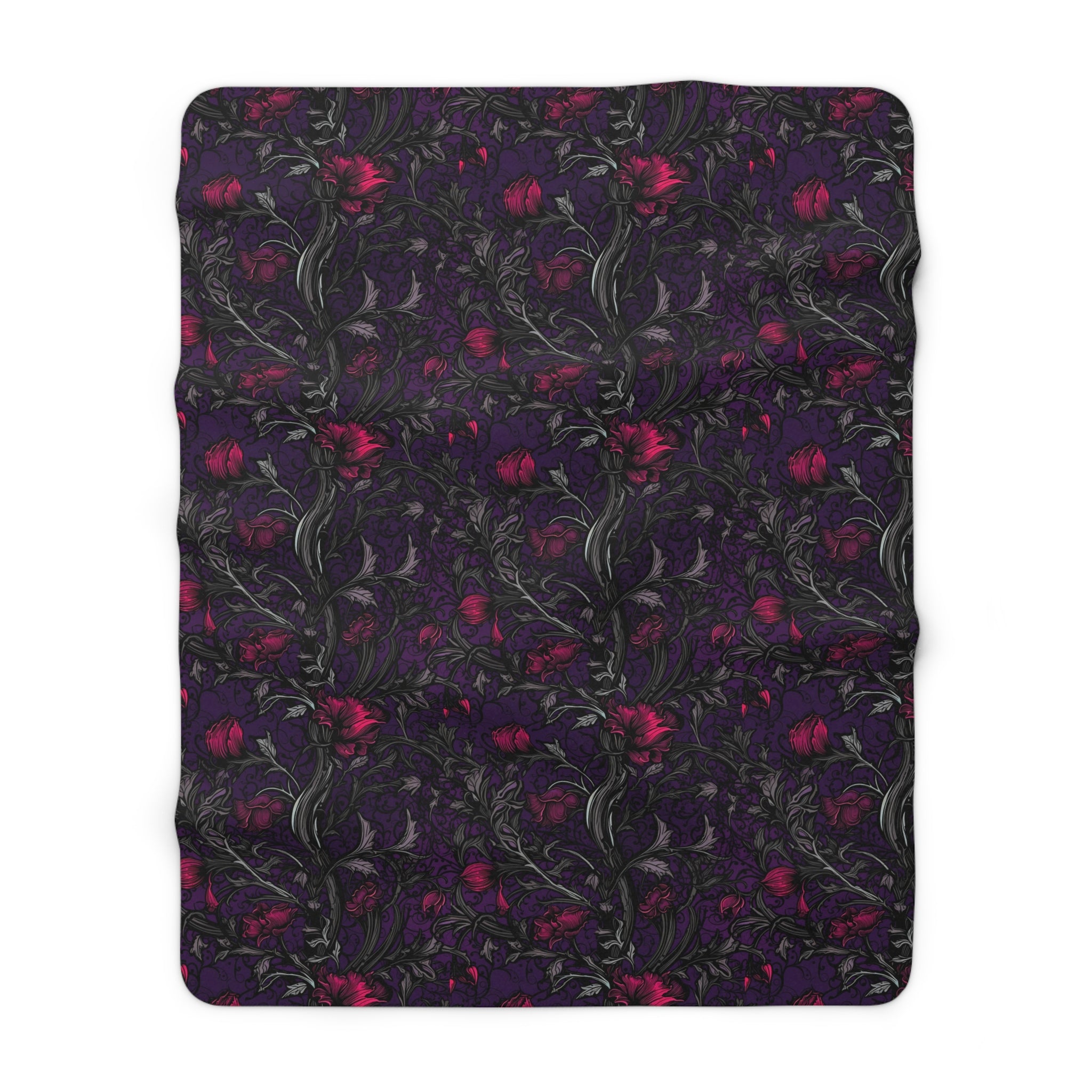 Purple Gothic Floral Sherpa Fleece Blanket – Dark Academia Witchy Throw | Cozy Alternative Gothic Home Decor