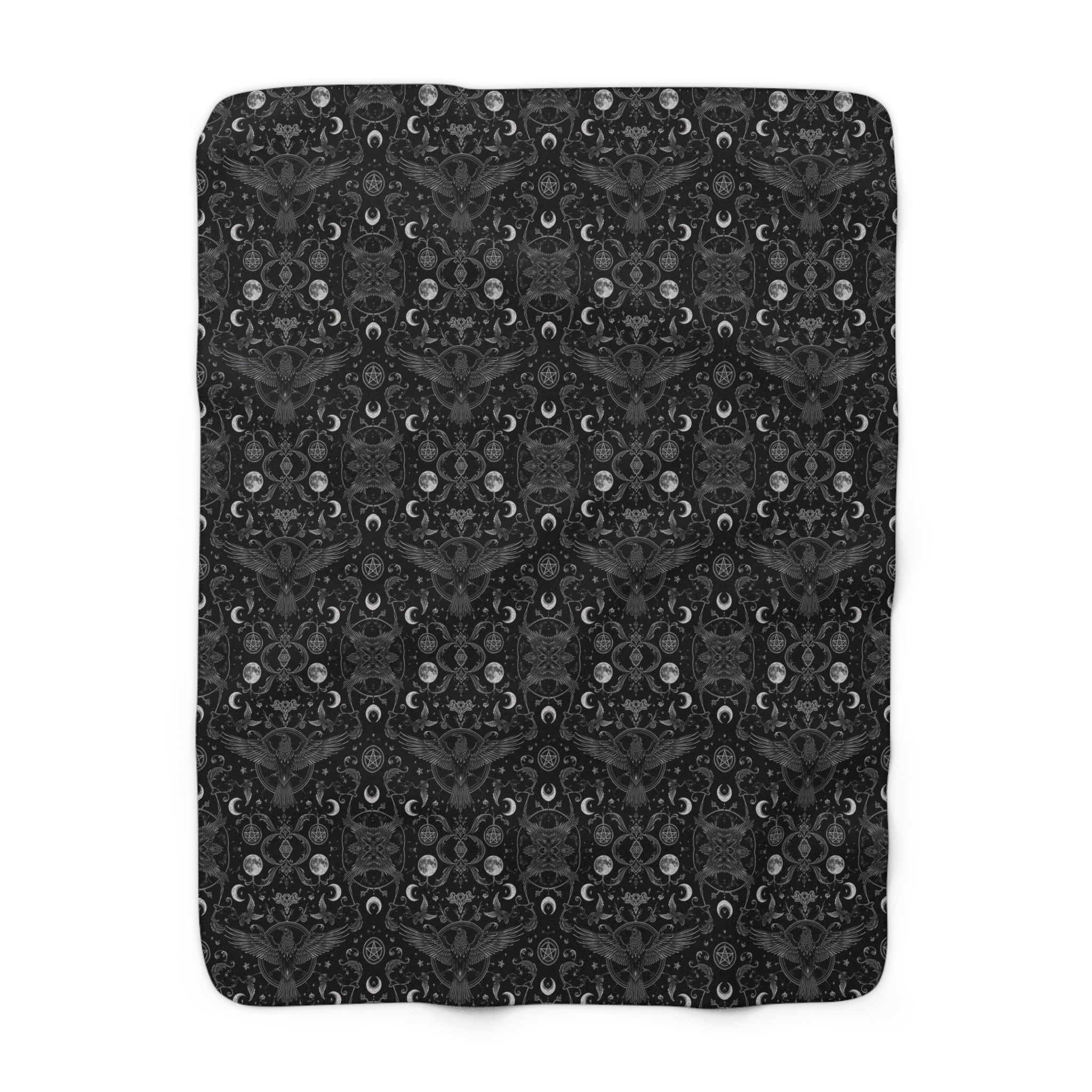 Occult Raven Sherpa Fleece Blanket – Gothic Moon & Pentagram Witchy Throw | Dark Academia Home Decor