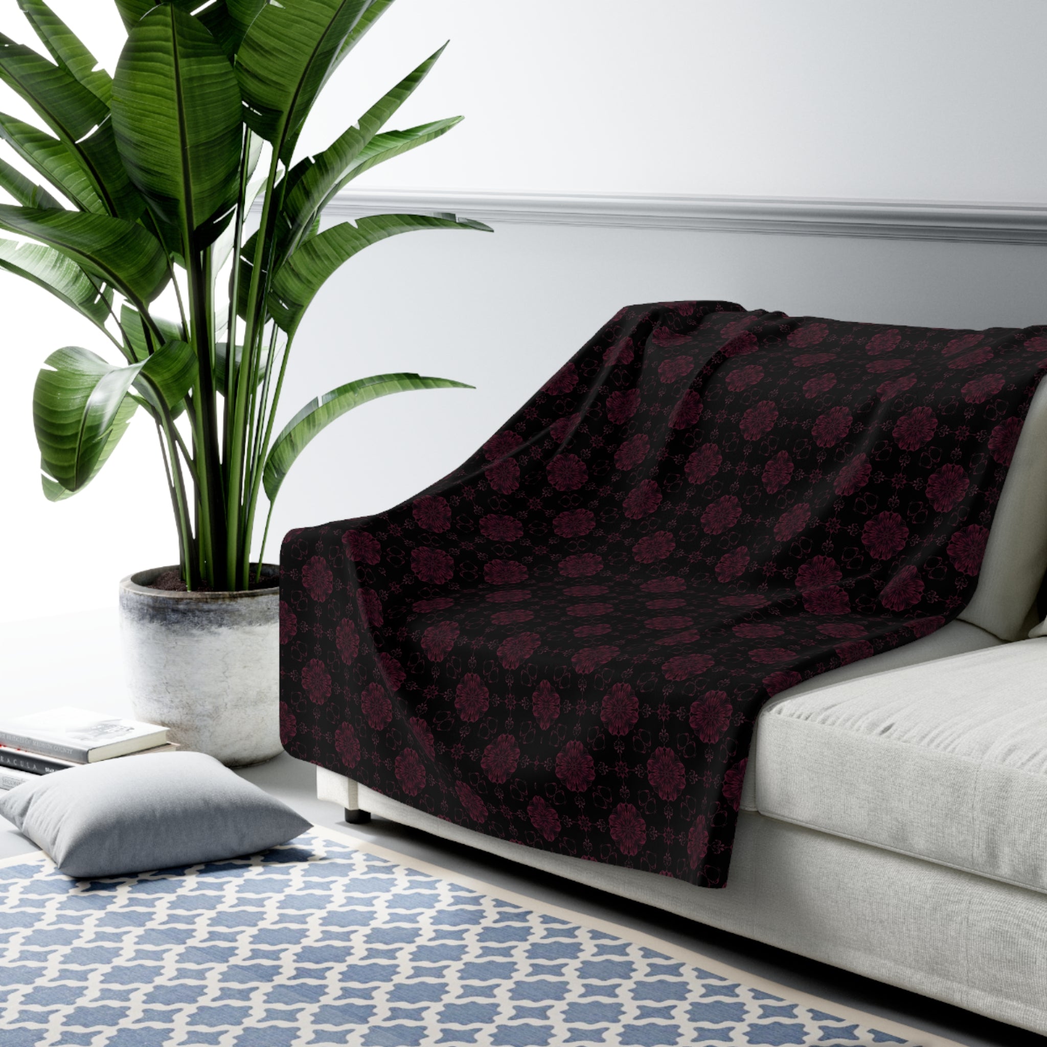 Gothic Dark Floral Sherpa Fleece Blanket – Black & Burgundy Damask Throw | Dark Romantic Alternative Home Decor