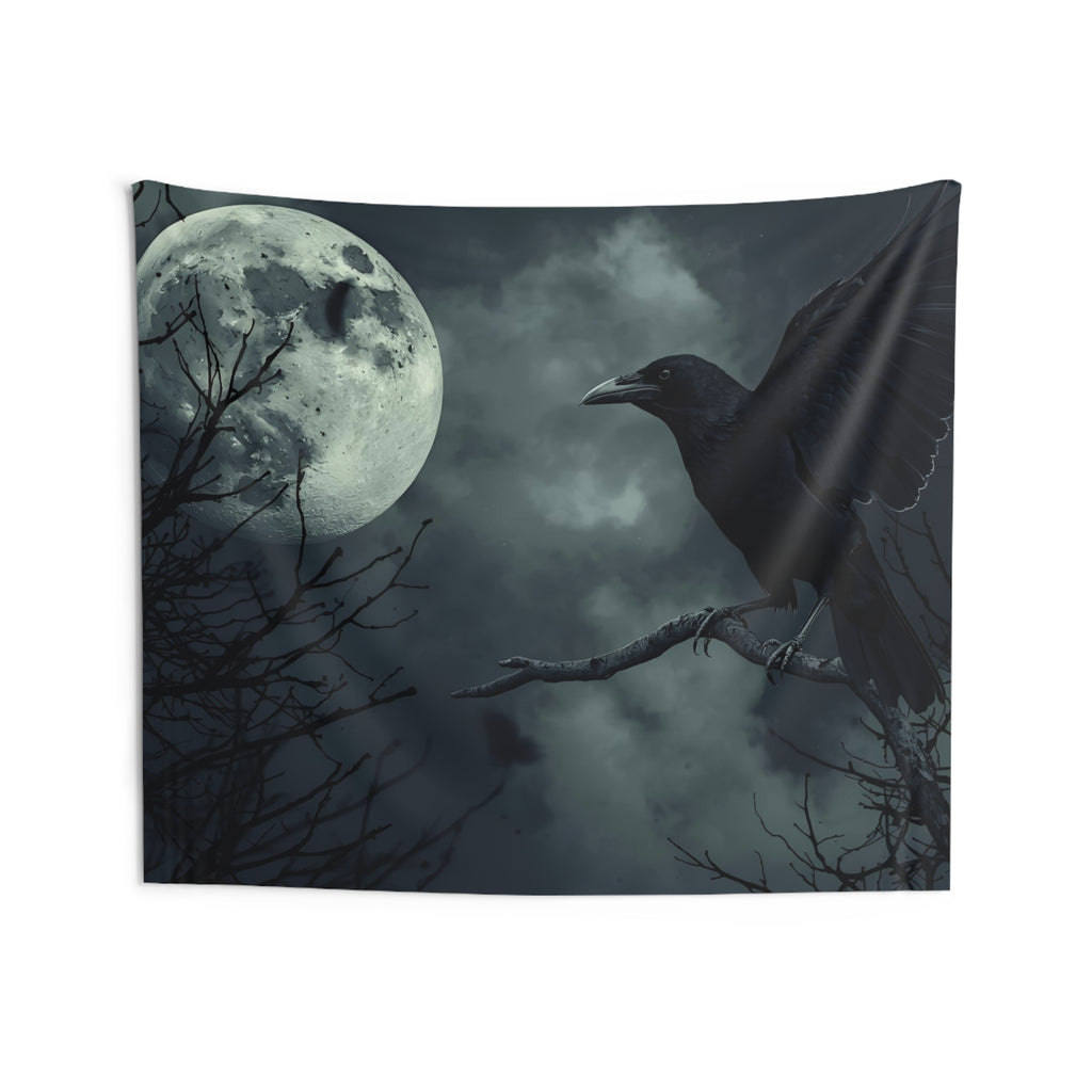 Mystical Raven Moon Wall Tapestry | Dark Aesthetic Decor, Boho Wall Art, Halloween, Gothic Home Decor, Moonlit Night