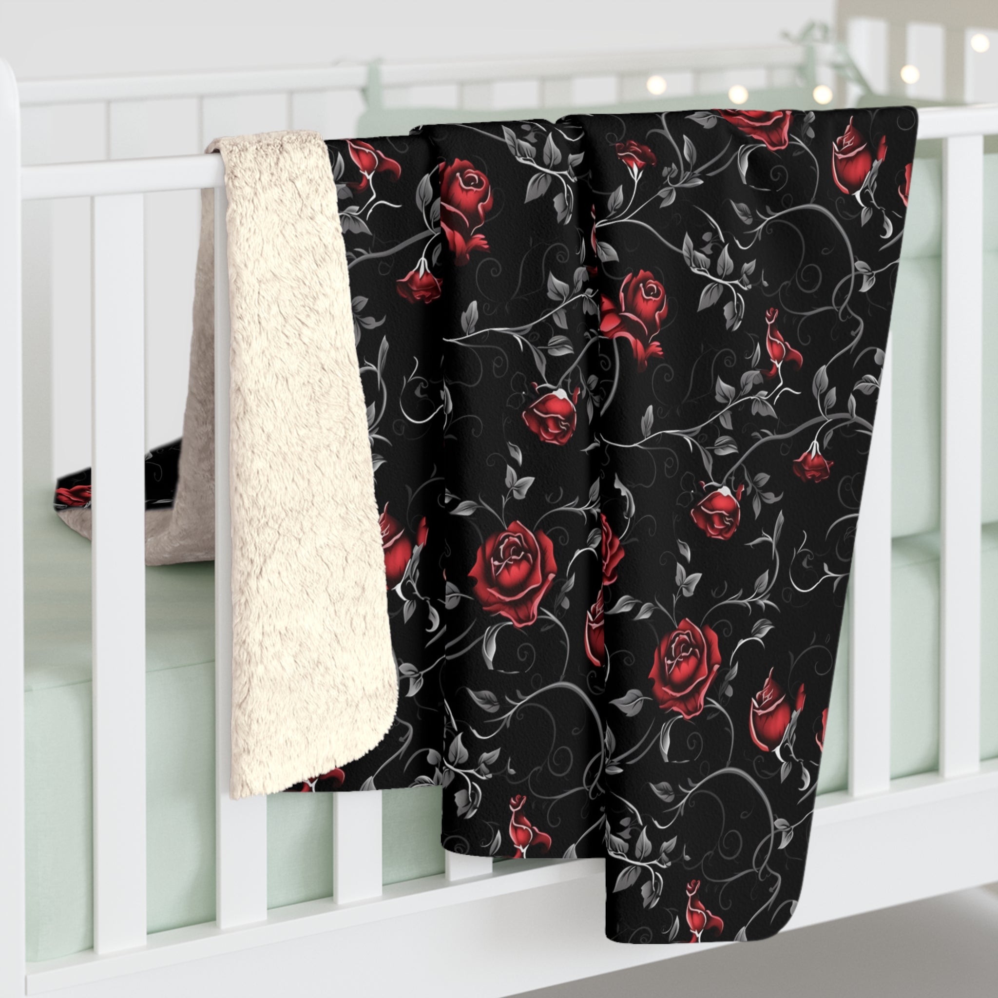 Black & Red Gothic Rose Sherpa Fleece Blanket – Dark Romantic Witchy Throw | Cozy Alternative Gothic Home Decor