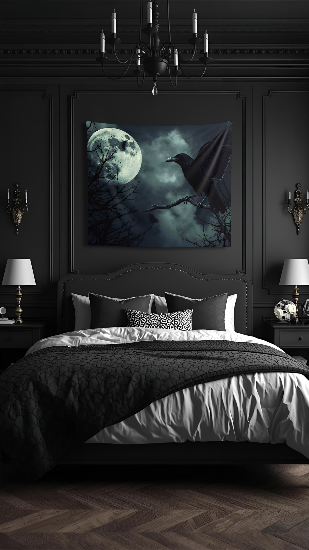 Mystical Raven Moon Wall Tapestry | Dark Aesthetic Decor, Boho Wall Art, Halloween, Gothic Home Decor, Moonlit Night