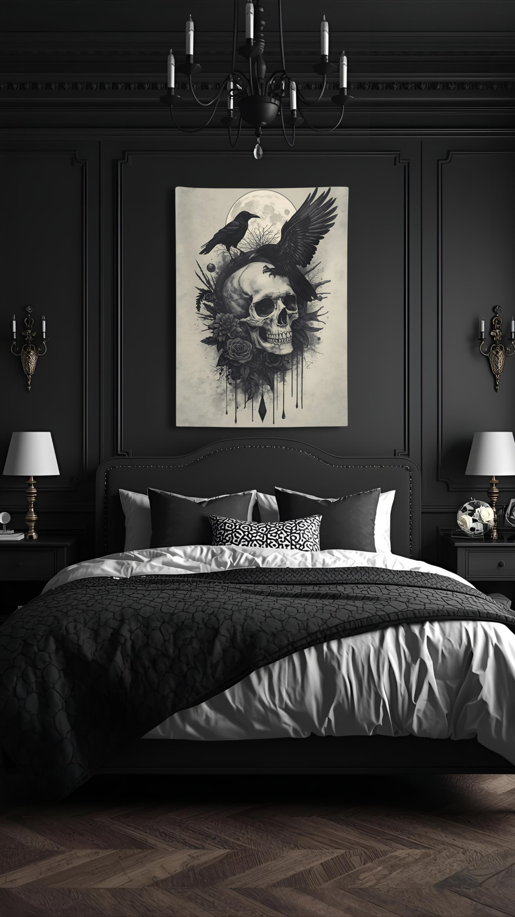 Occult Skull Moon Wall Tapestry for Gothic Rooms
