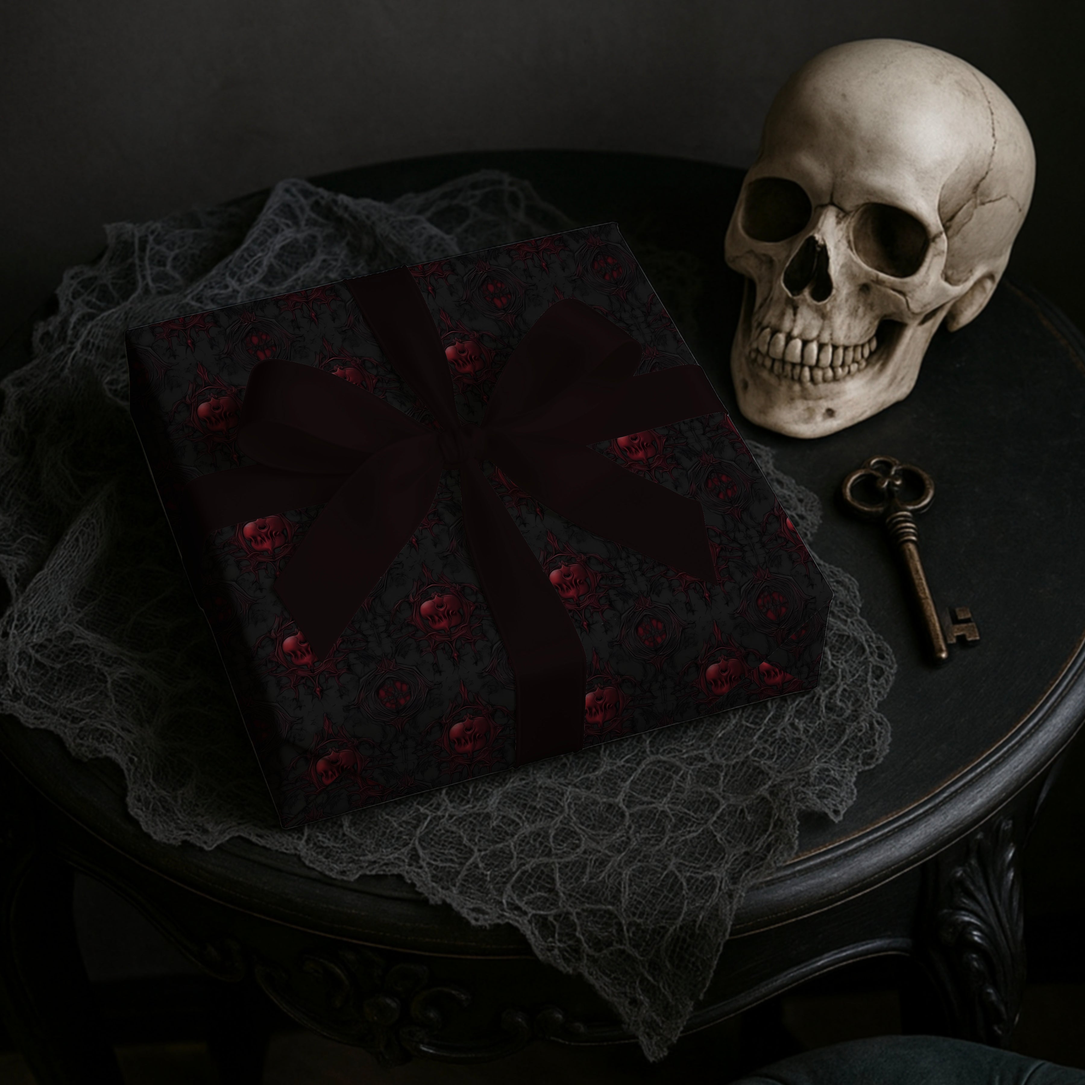 Dark Red Skull Pattern Wrapping Paper | Gothic Gift Wrap