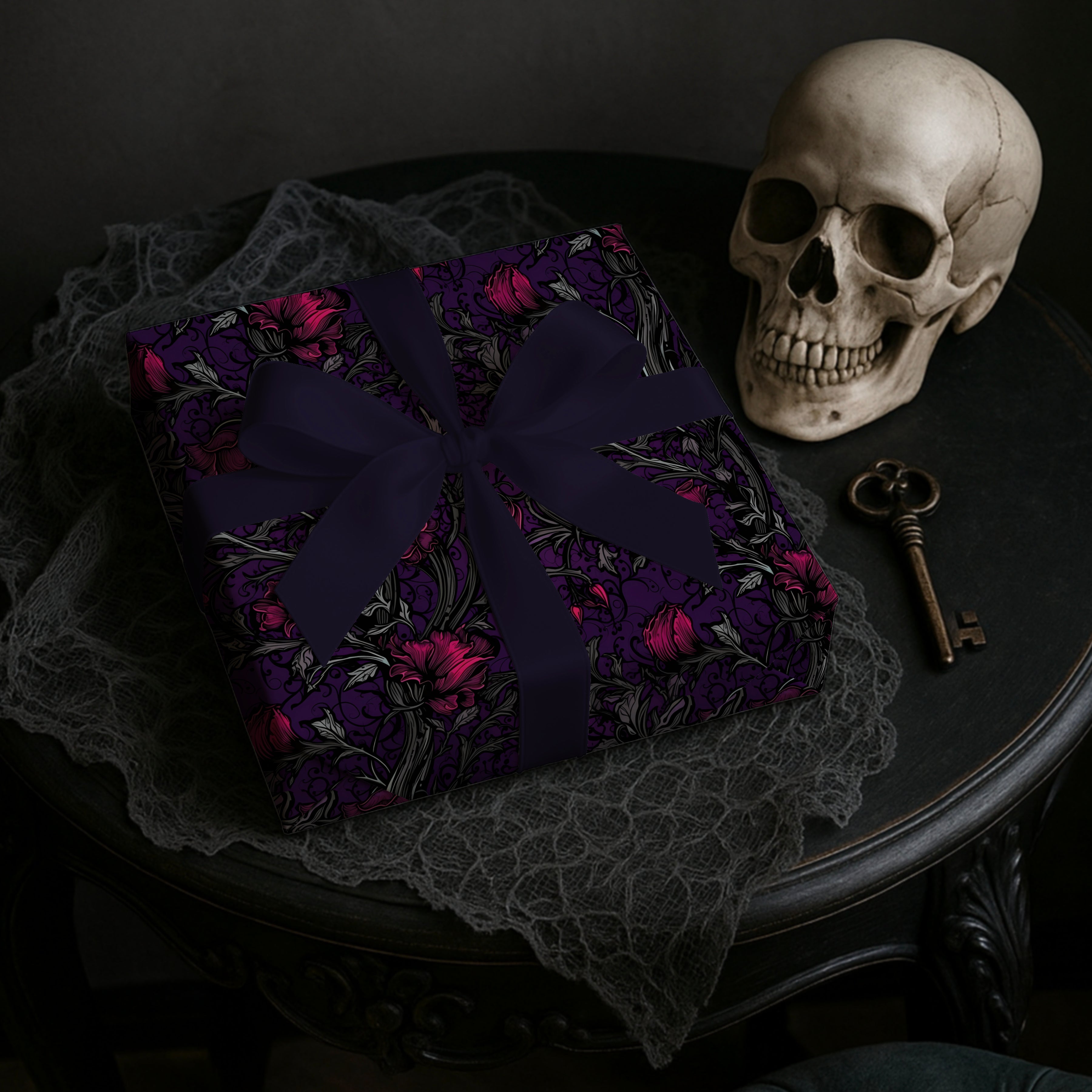 Dark Purple Botanical Wrapping Paper | Gothic Floral Gift Wrap