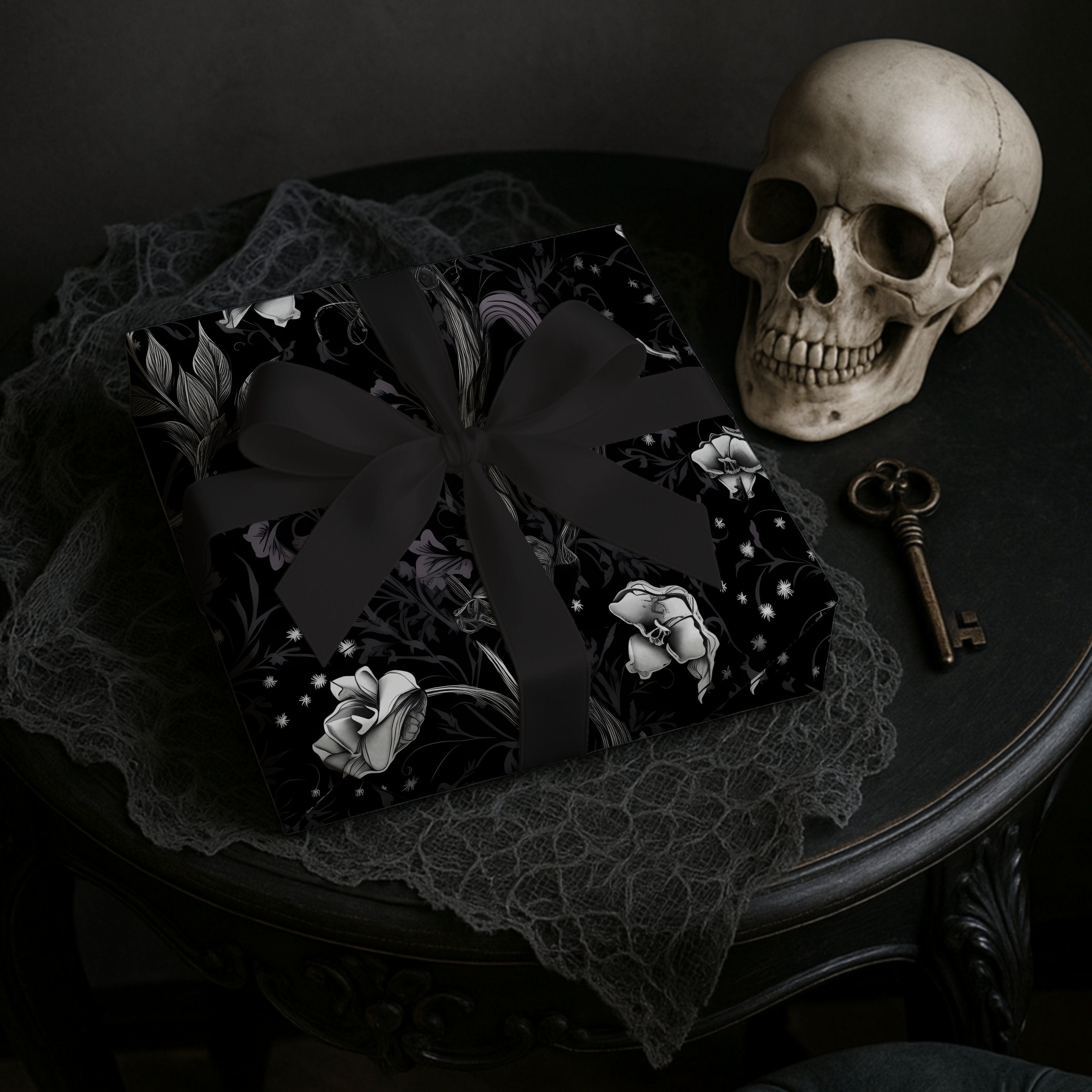 Dark Floral Pattern Gift Wrap Paper | Black Botanical Wrapping Paper