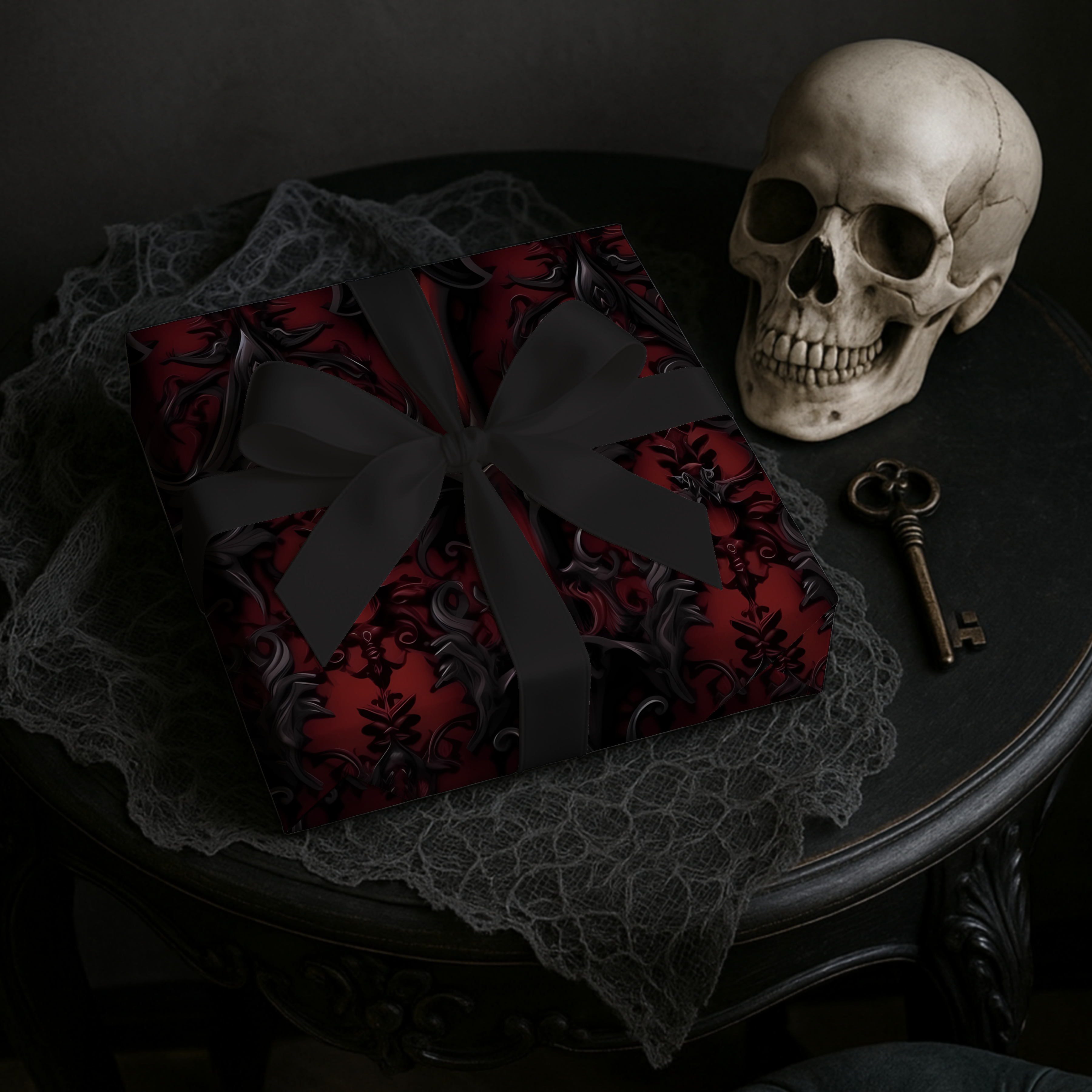 Red Black Baroque Damask Gift Wrap Paper | Elegant Victorian Wrapping Paper