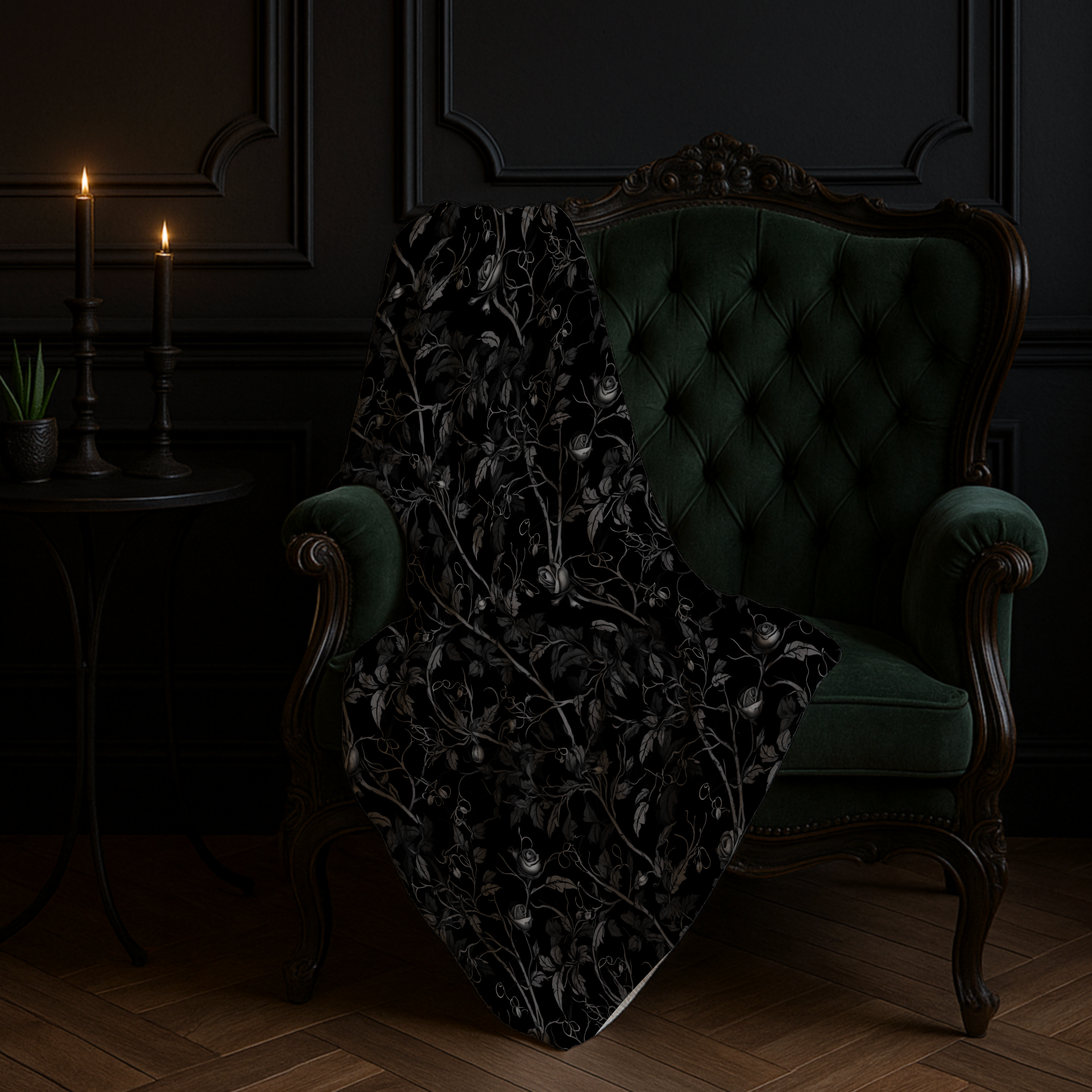 Black Gothic Floral Sherpa Fleece Blanket