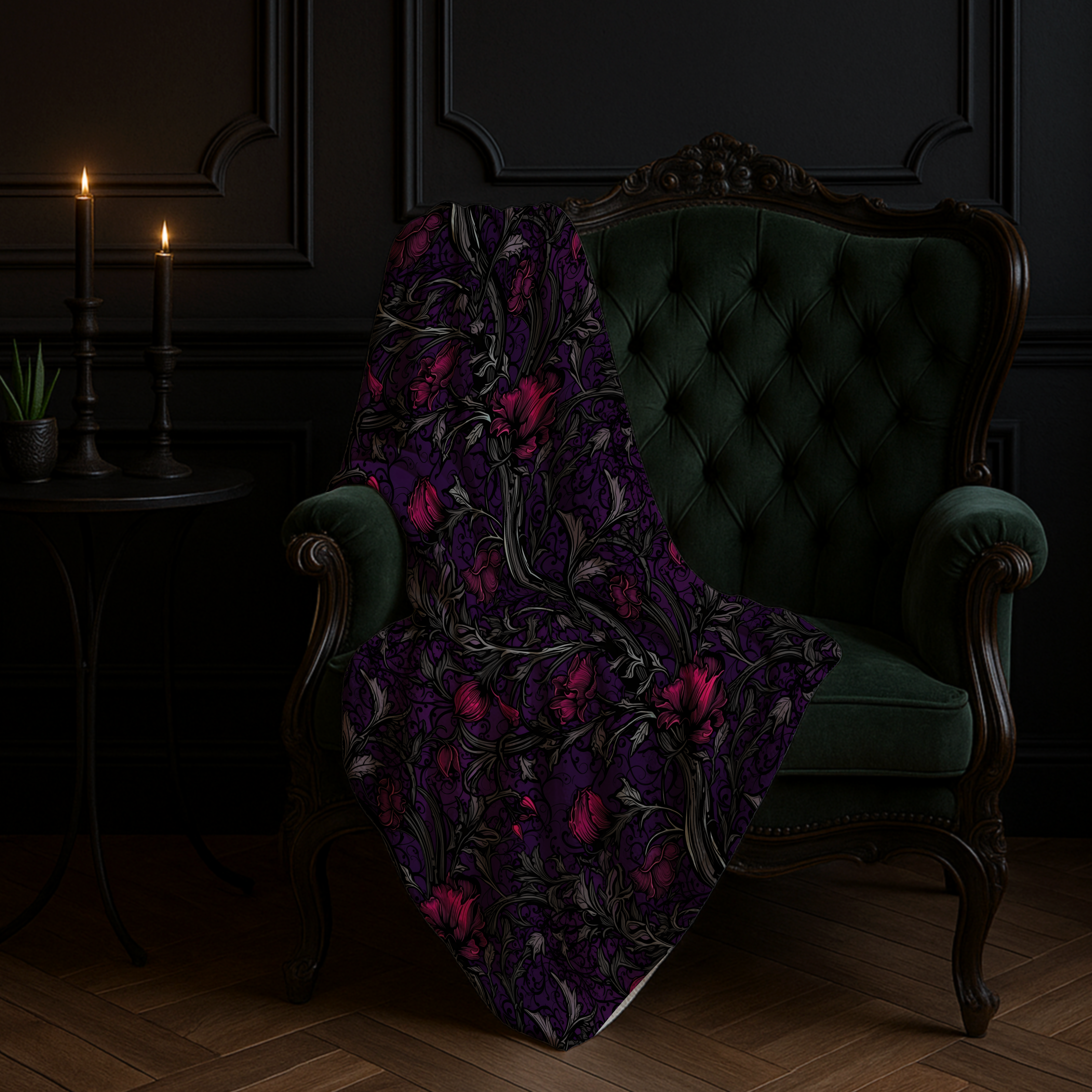 Purple Gothic Floral Sherpa Fleece Blanket – Dark Academia Witchy Throw | Cozy Alternative Gothic Home Decor