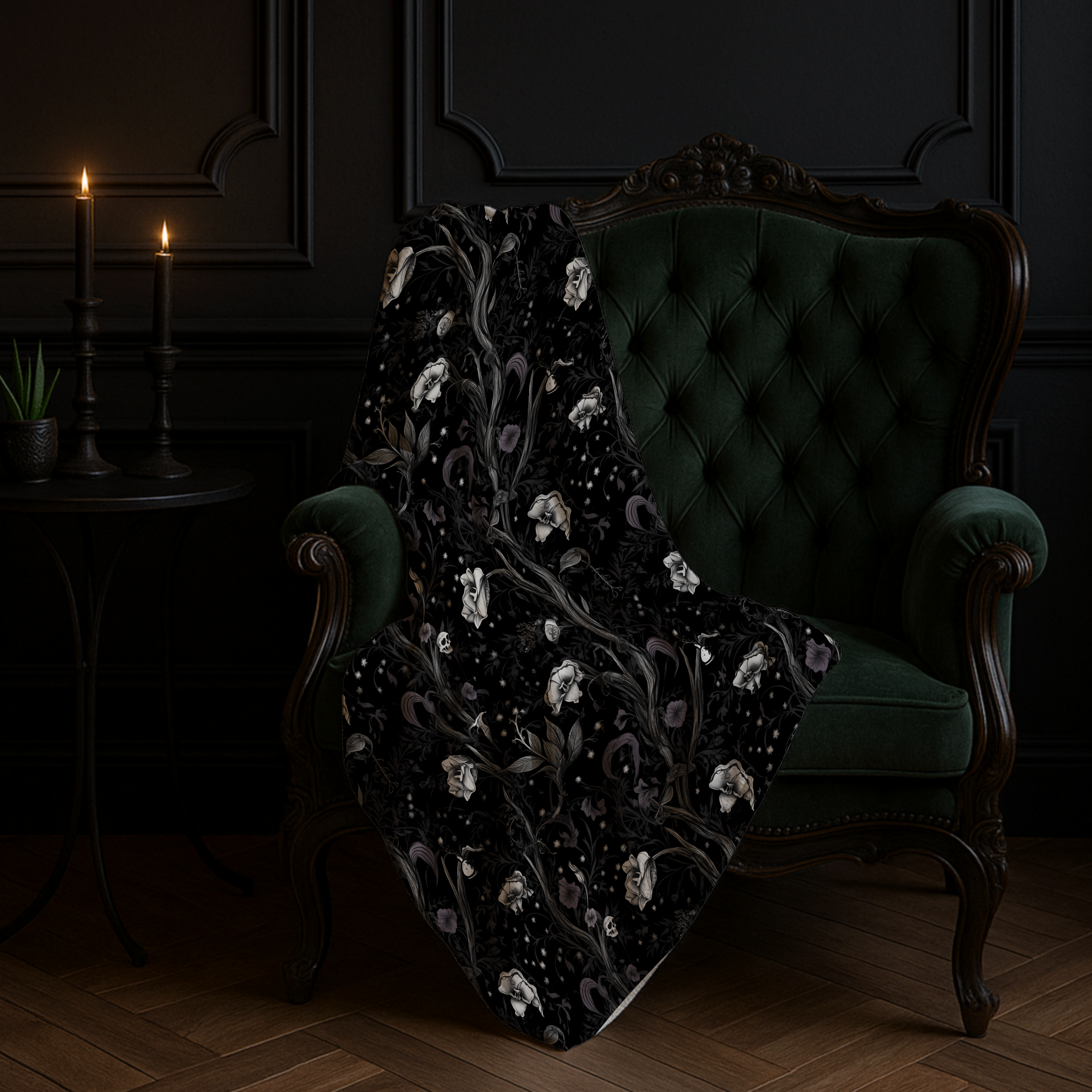 Black Celestial Gothic Rose Sherpa Fleece Blanket – Dark Romantic Witchy Throw | Cozy Alternative Gothic Home Decor