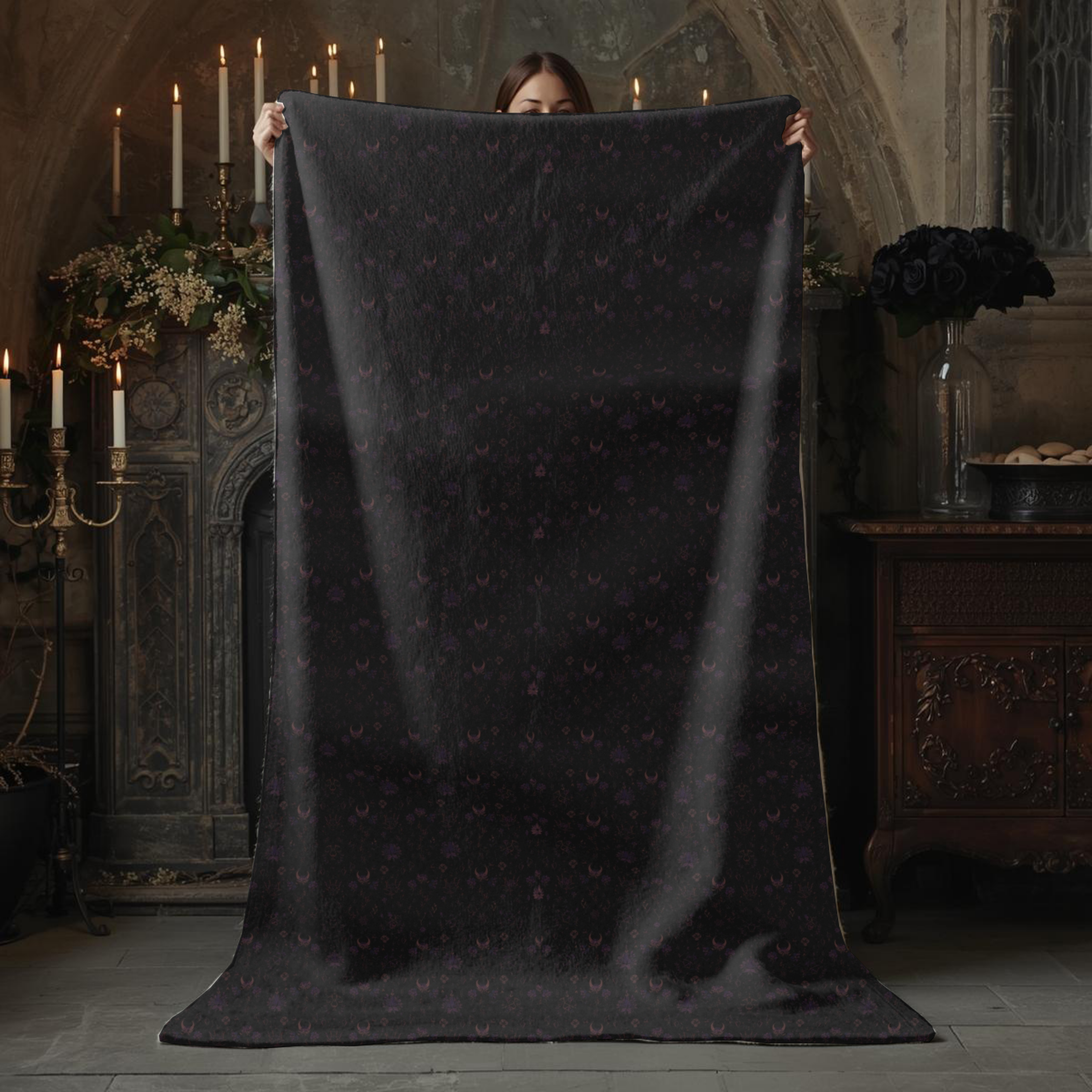 Witchy Moon & Stars Sherpa Fleece Blanket | Gothic Dark Academia Cozy Home Decor