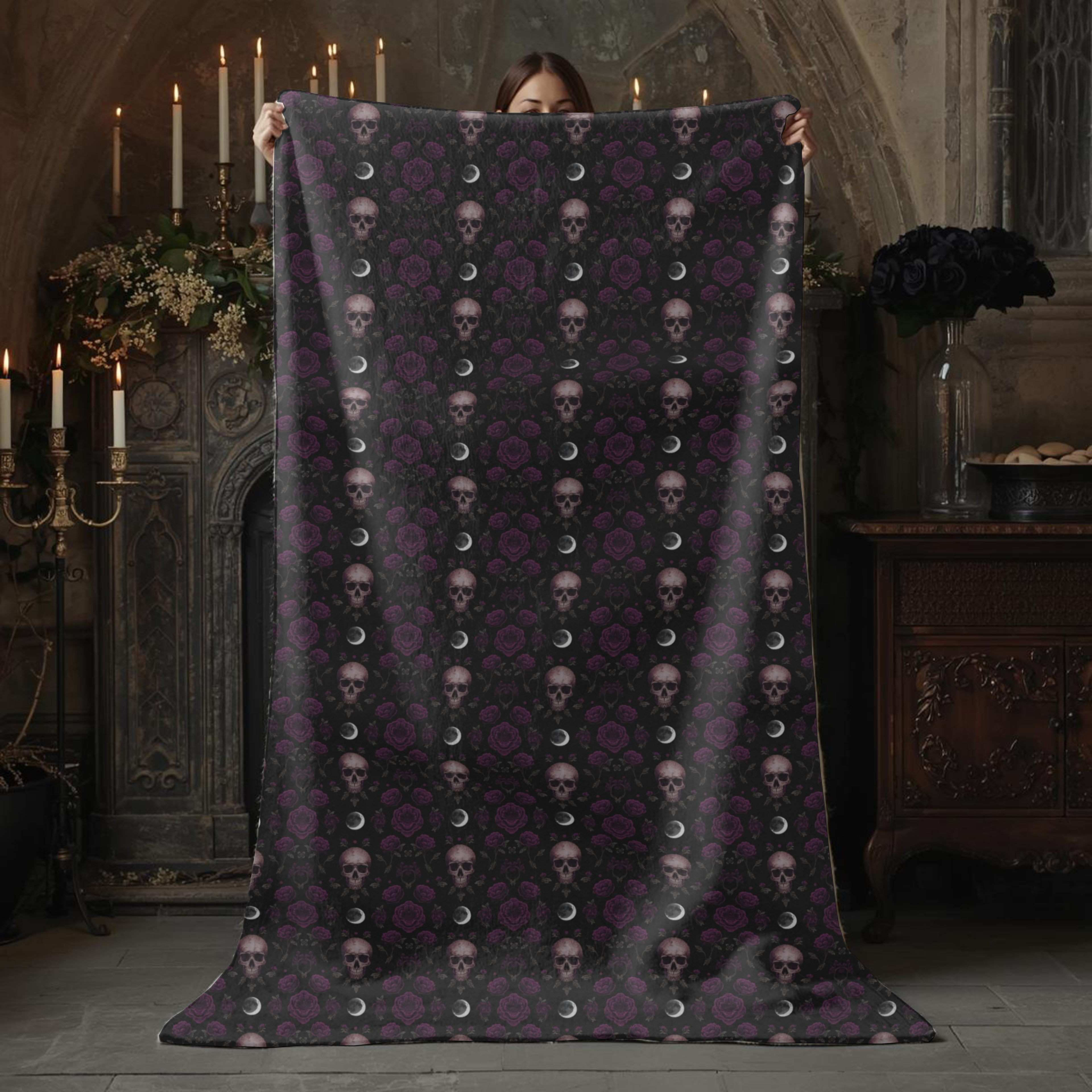 Gothic Skull & Rose Sherpa Fleece Blanket – Witchy Moon Gothic Throw | Dark Romantic Alternative Home Decor