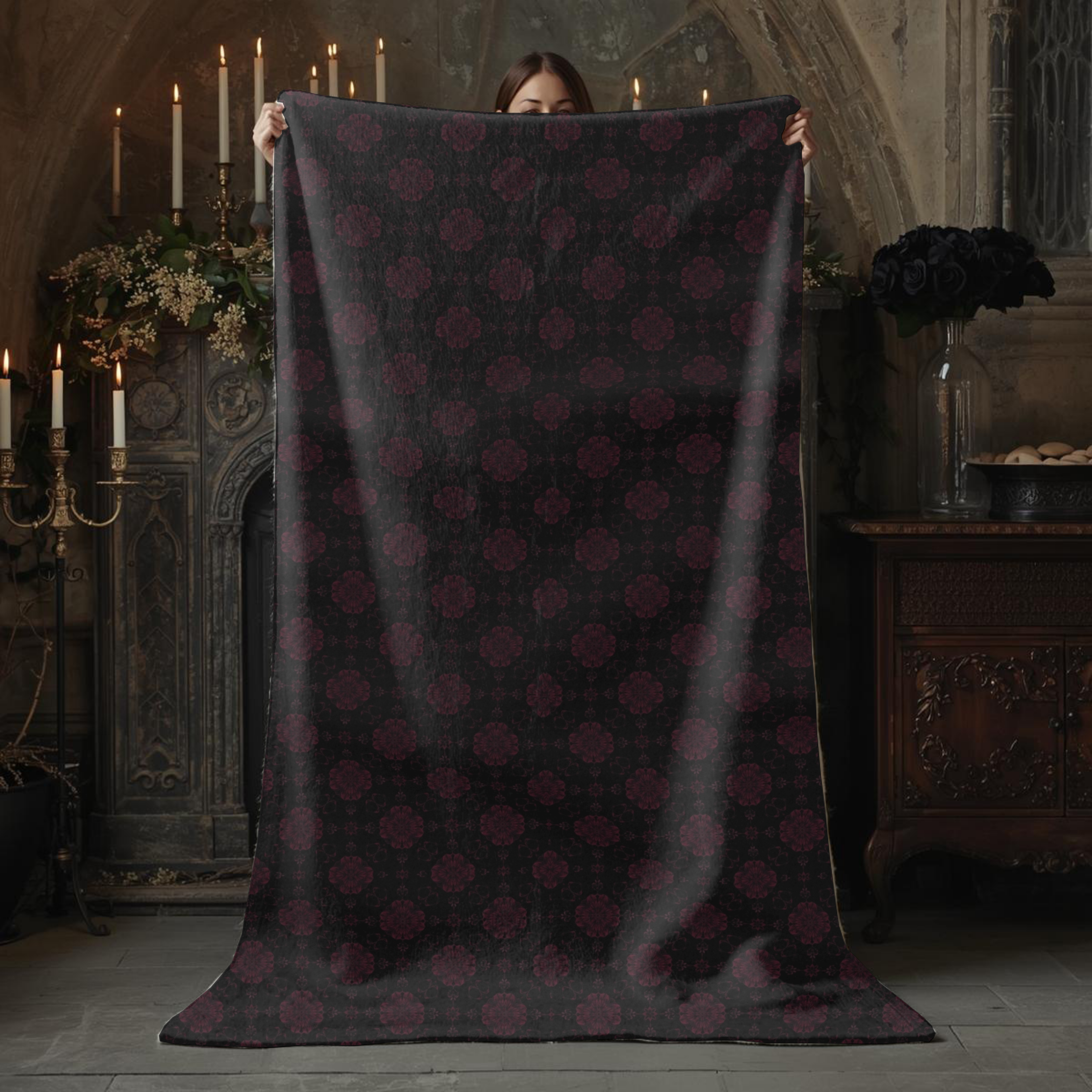 Gothic Dark Floral Sherpa Fleece Blanket – Black & Burgundy Damask Throw | Dark Romantic Alternative Home Decor
