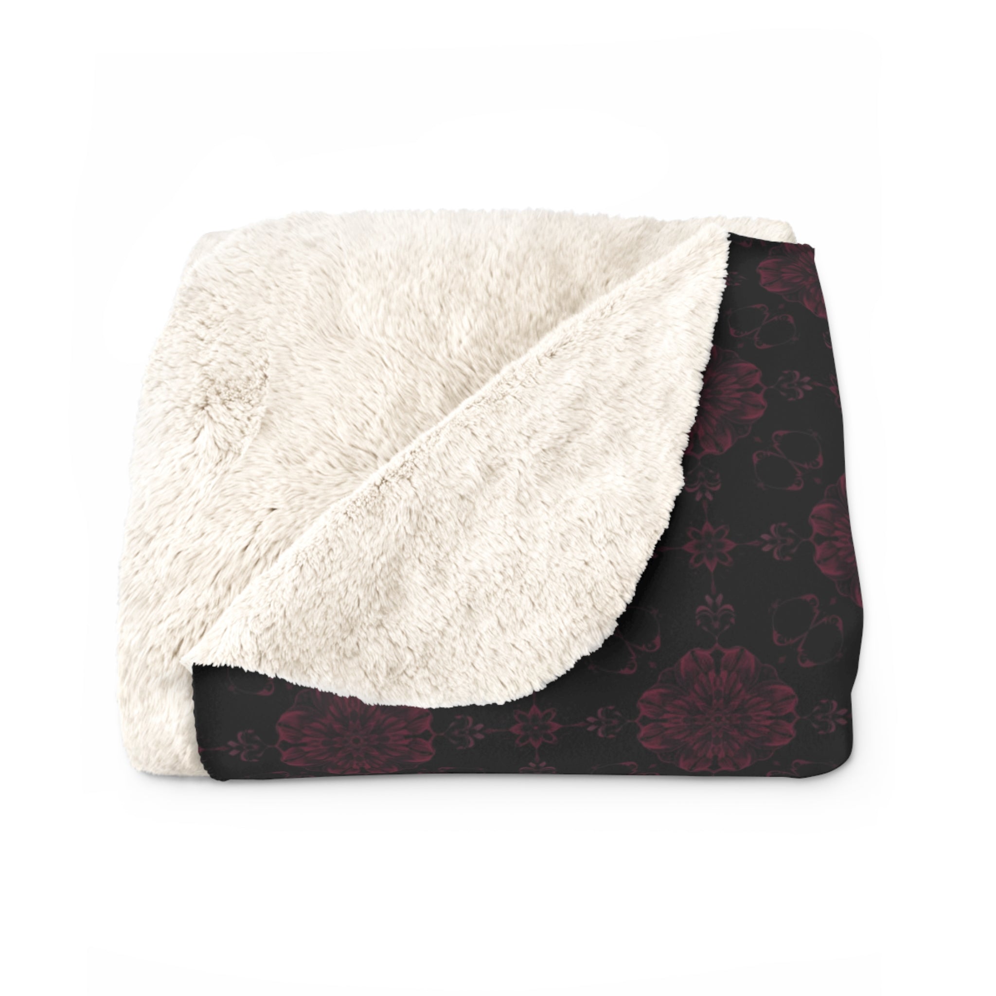 Gothic Dark Floral Sherpa Fleece Blanket – Black & Burgundy Damask Throw | Dark Romantic Alternative Home Decor