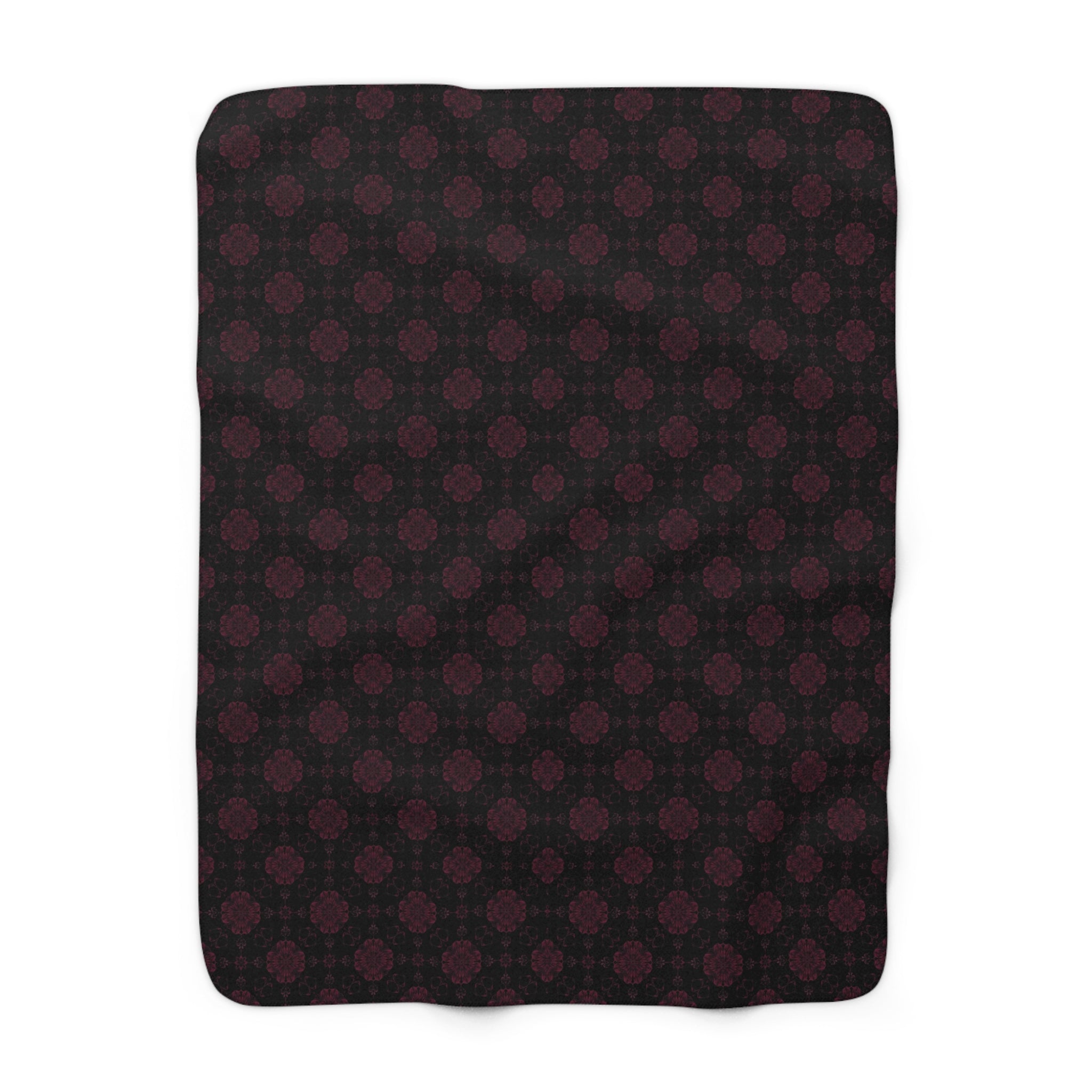 Gothic Dark Floral Sherpa Fleece Blanket – Black & Burgundy Damask Throw | Dark Romantic Alternative Home Decor