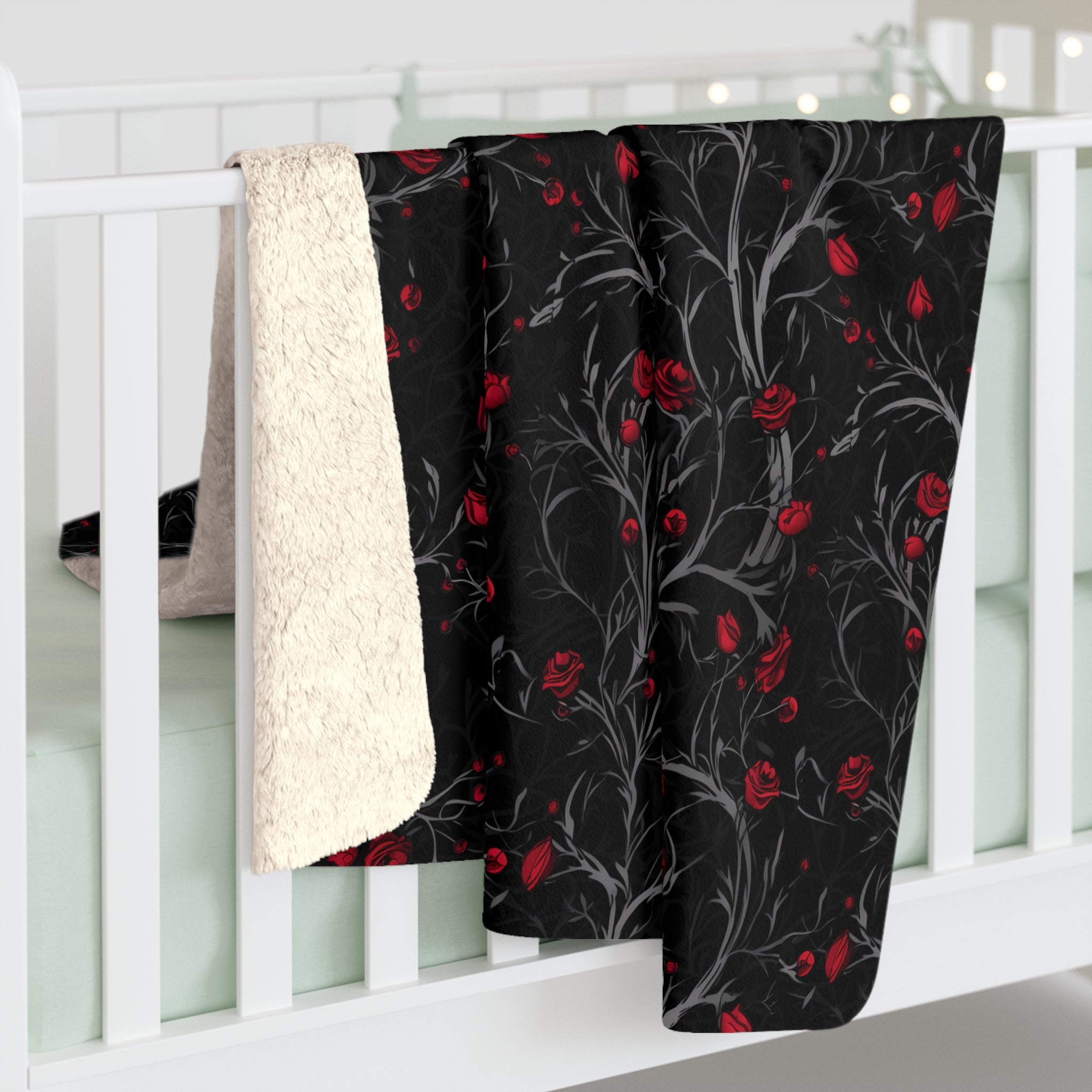Black & Red Rose Vine Sherpa Fleece Blanket – Dark Romantic Gothic Throw | Cozy Alternative Home Decor