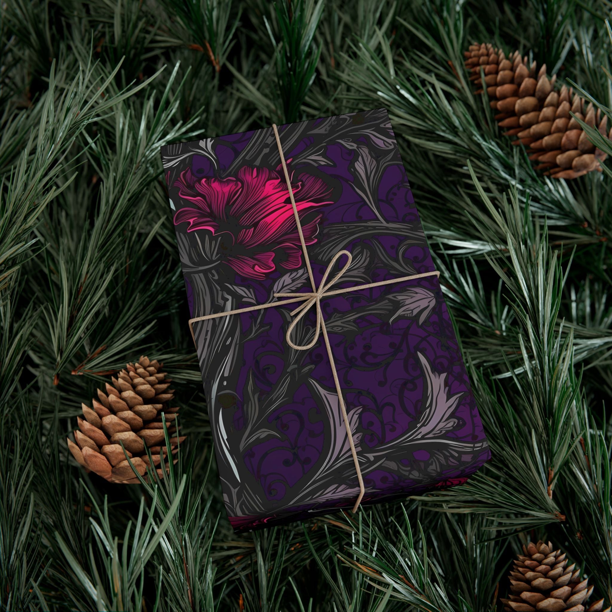 Dark Purple Botanical Wrapping Paper | Gothic Floral Gift Wrap