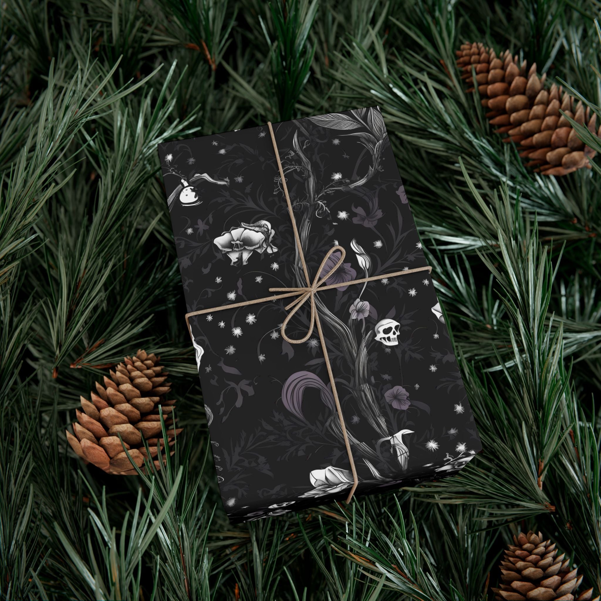 Dark Floral Pattern Gift Wrap Paper | Black Botanical Wrapping Paper