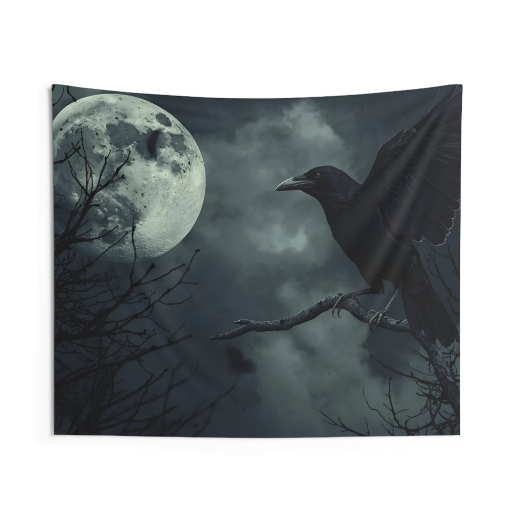 Mystical Raven Moon Wall Tapestry | Dark Aesthetic Decor, Boho Wall Art, Halloween, Gothic Home Decor, Moonlit Night
