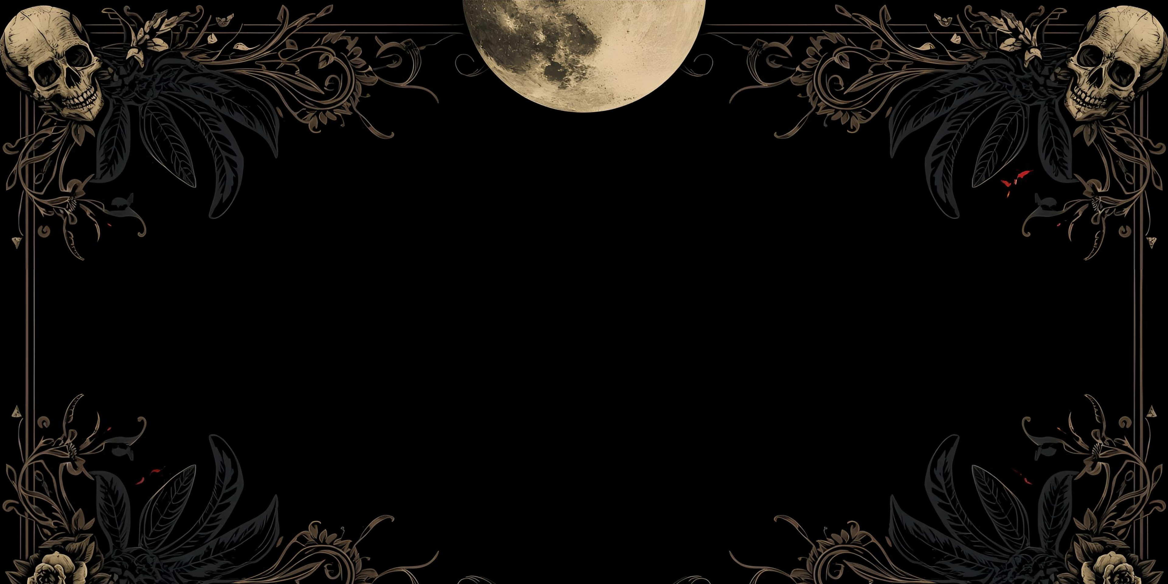Gothic-style border with skulls, moon, and decorative elements on a black background